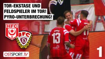 Tor-Ekstase und Feldspieler im Tor! Pyro-Unterbrechung! Halle – BFC Dynamo | Regionalliga Nordost